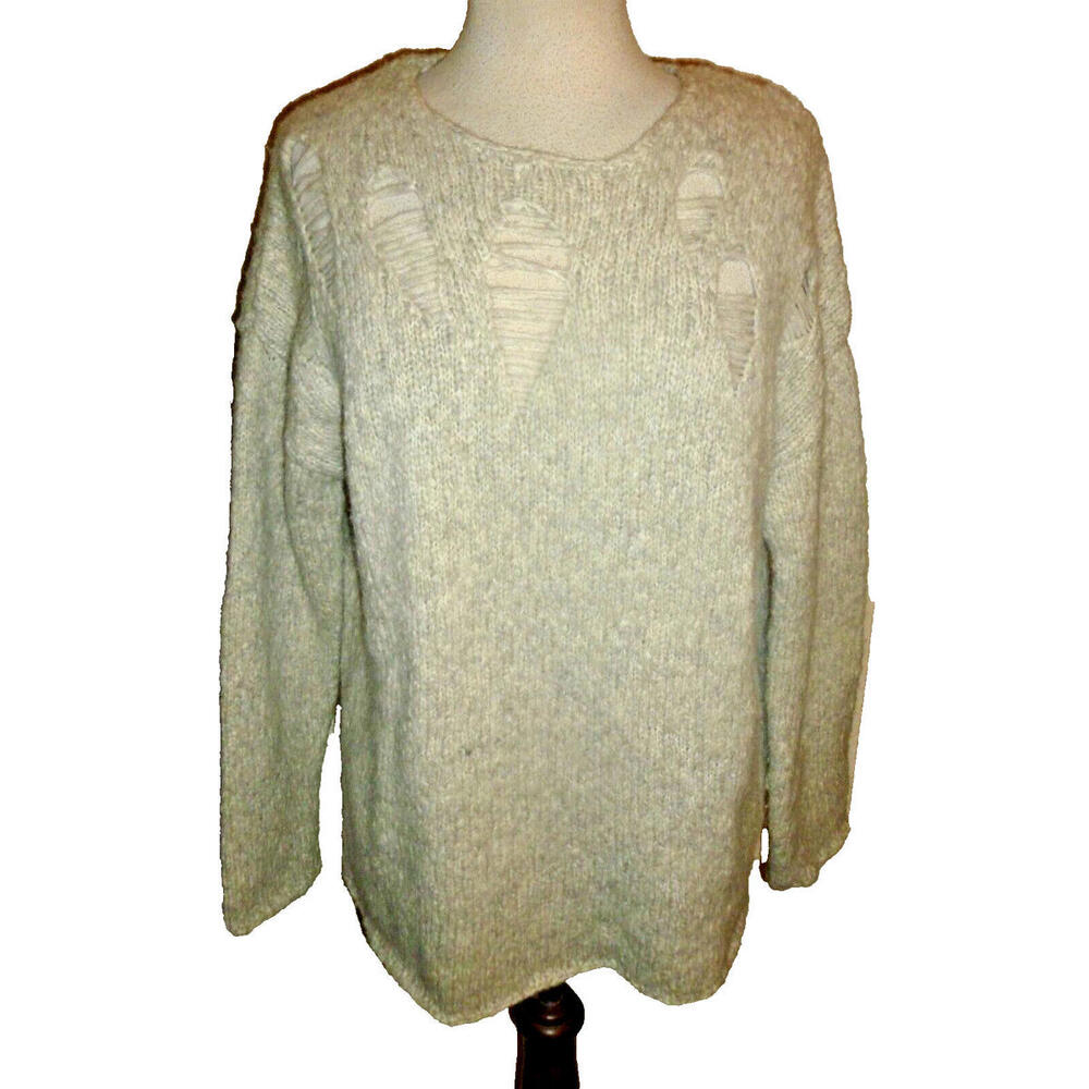 LINE Baby Alpaca Blend Sweater Women Ripped Design Pullover Gray M Medium